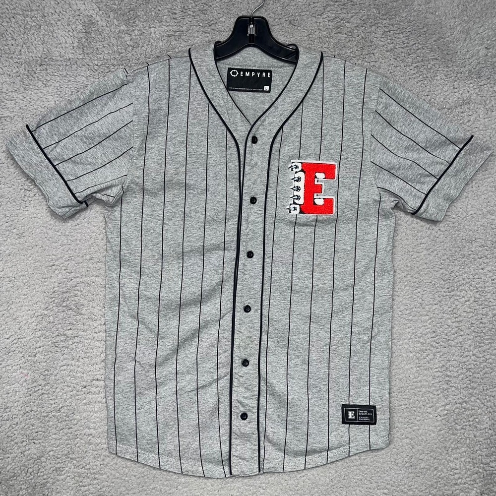 Empyre Chuck Wind Up Baseball Jersey Mens Sz L Gray Pinstripe Embroidered Skater